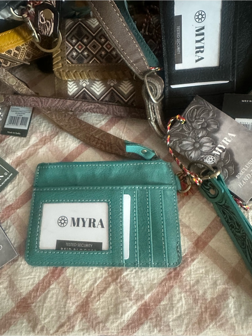 Myra Bag Turquoise Floral Tooled Card Holder with Hair-On-Hide Accent - Picture 2 of 2